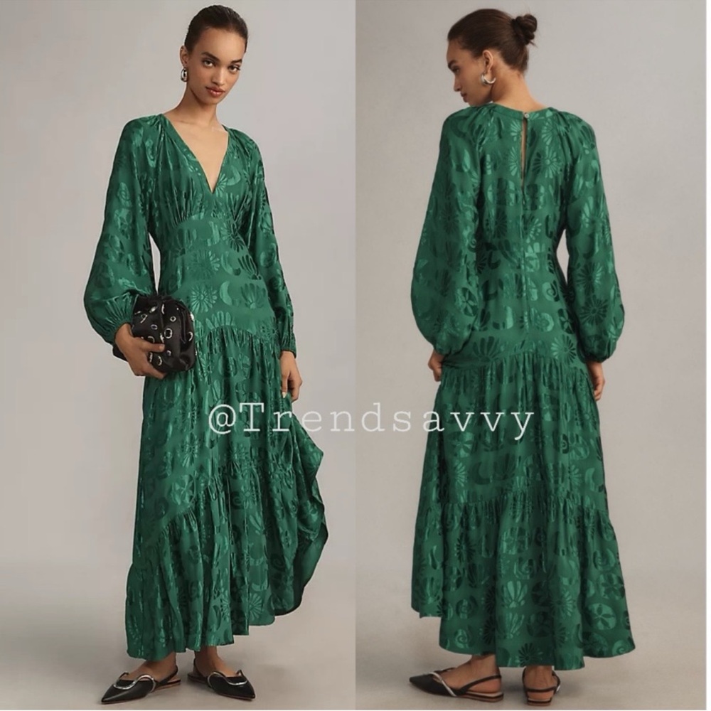Farm Rio Green Jacquard V-Neck Maxi Dress Petite XSP Anthropologie NWT